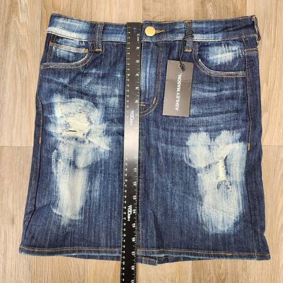 Ashley Mason Women's Size 30 Blue Denim Distressed‎ Dark Wash Pencil Jean Skirt - Picture 7 of 8